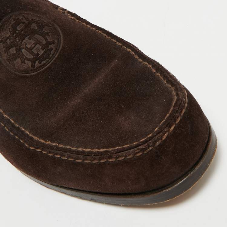 Pre Owned Hermes Chocolate Brown Suede Lucky Moccasins Size 42