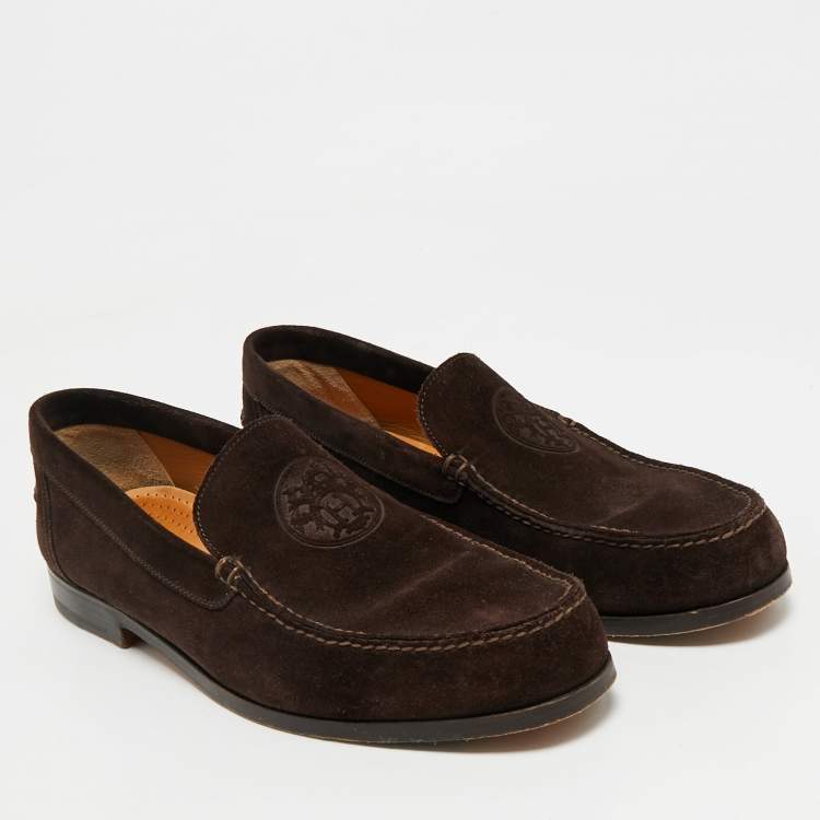 Pre Owned Hermes Chocolate Brown Suede Lucky Moccasins Size 42