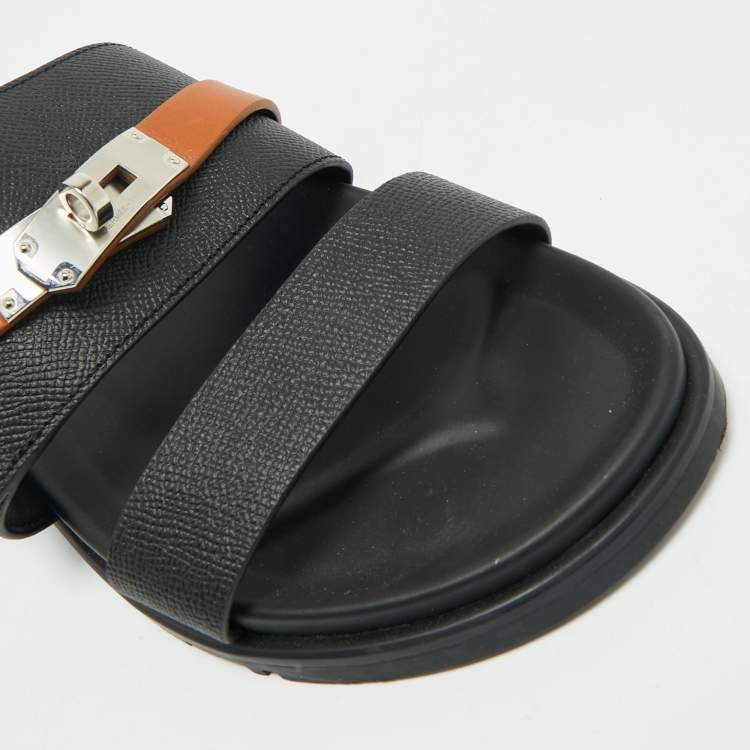Pre Owned Hermes Black/Brown Leather Jackson Slide Sandals Size 41