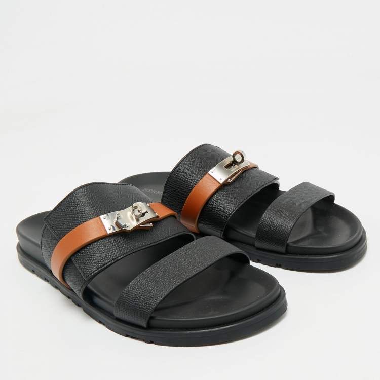 Pre Owned Hermes Black/Brown Leather Jackson Slide Sandals Size 41