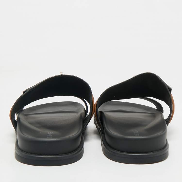 Pre Owned Hermes Black/Brown Leather Jackson Slide Sandals Size 41