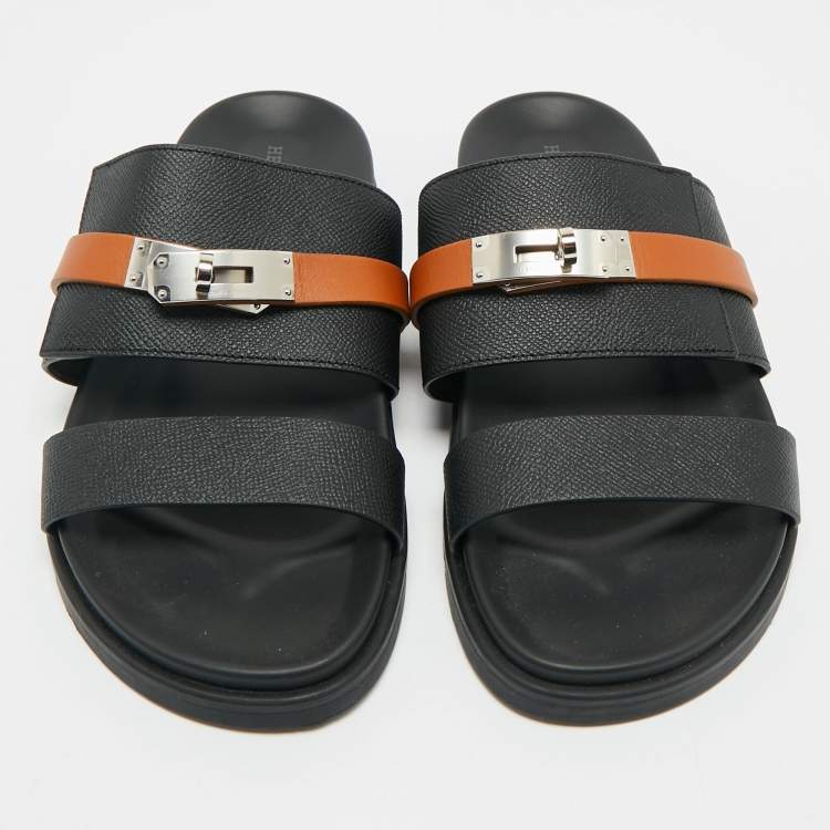 Pre Owned Hermes Black/Brown Leather Jackson Slide Sandals Size 41