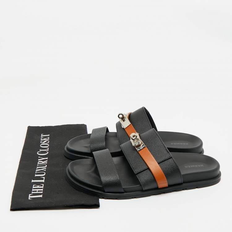 Pre Owned Hermes Black/Brown Leather Jackson Slide Sandals Size 41