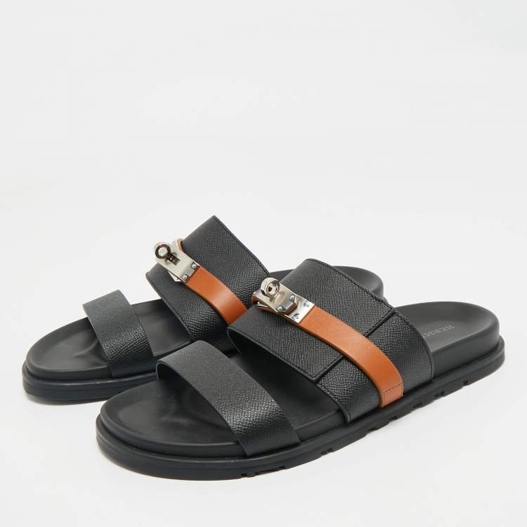 Pre Owned Hermes Black/Brown Leather Jackson Slide Sandals Size 41