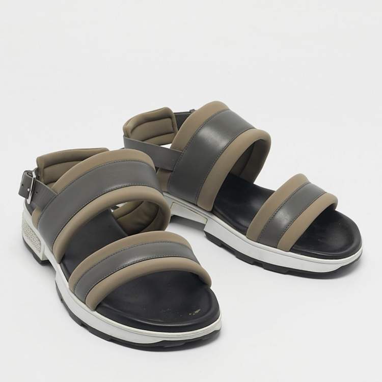 Pre Owned Hermes Grey/Brown Leather and Neoprene Flat Sandals Size 43