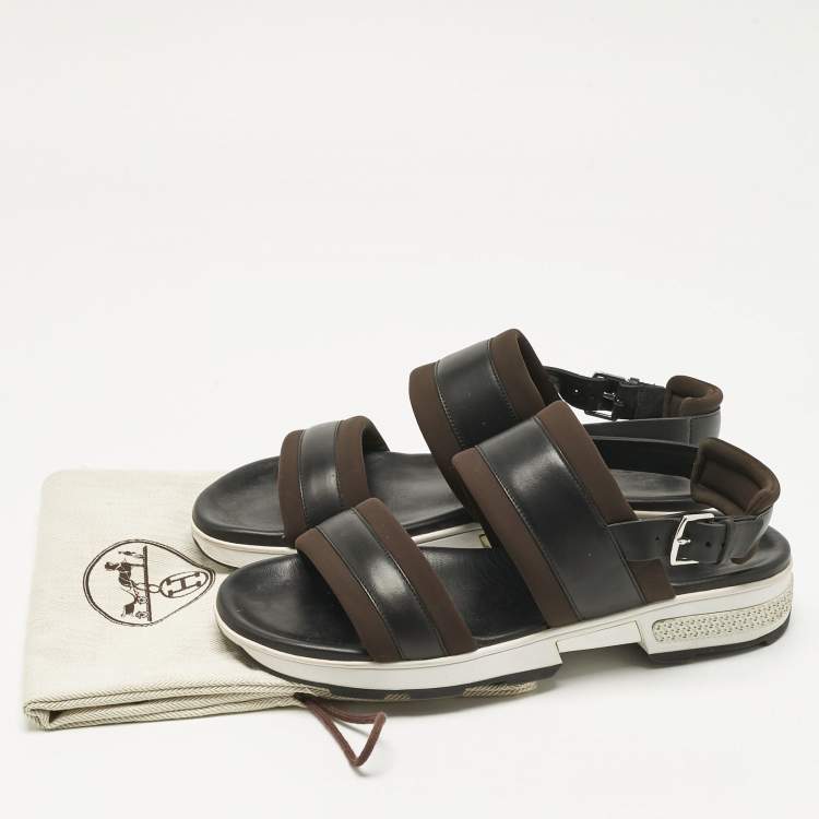 Pre Owned Hermes Black/Brown Leather and Neoprene Flat Sandals Size 43
