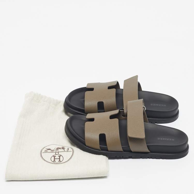 Pre Owned Hermès Dark Green Leather Chypre Slide Sandals Size 39