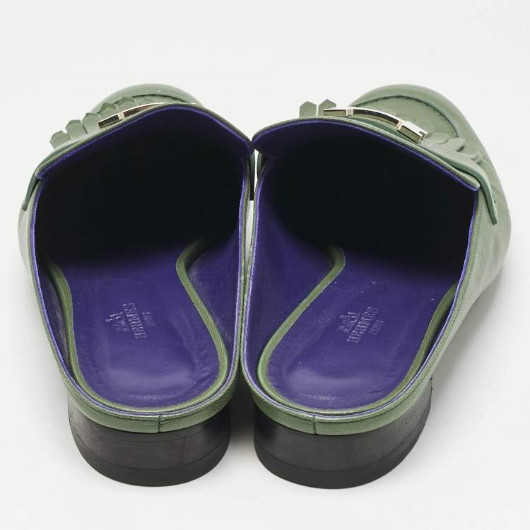 Pre Owned Hermes Green Leather Rivoli Mules Size 40