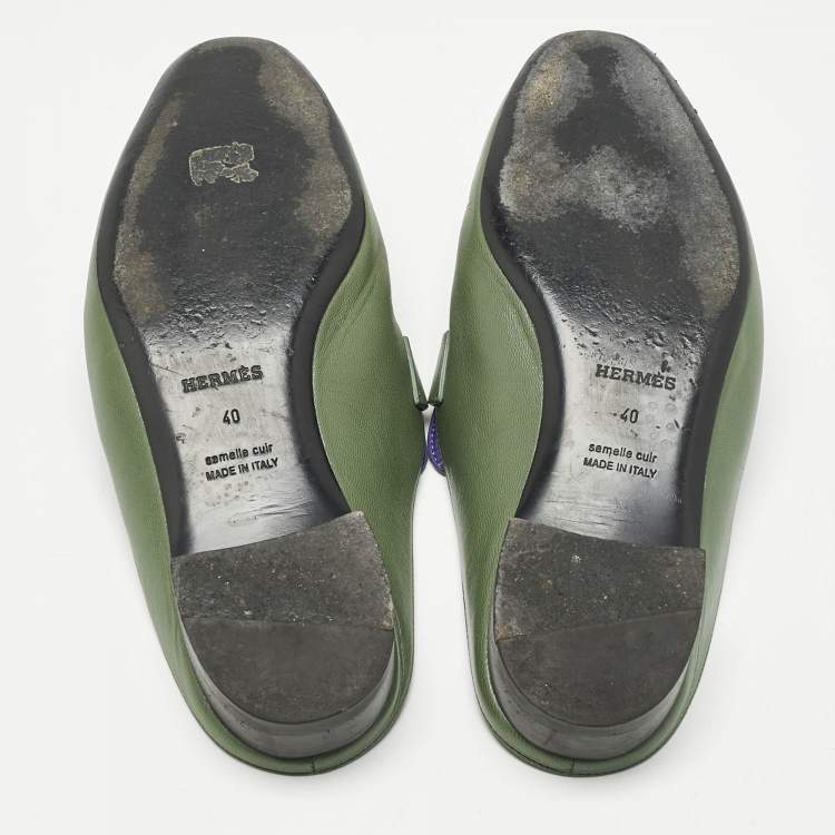 Pre Owned Hermes Green Leather Rivoli Mules Size 40
