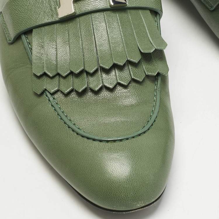 Pre Owned Hermes Green Leather Rivoli Mules Size 40