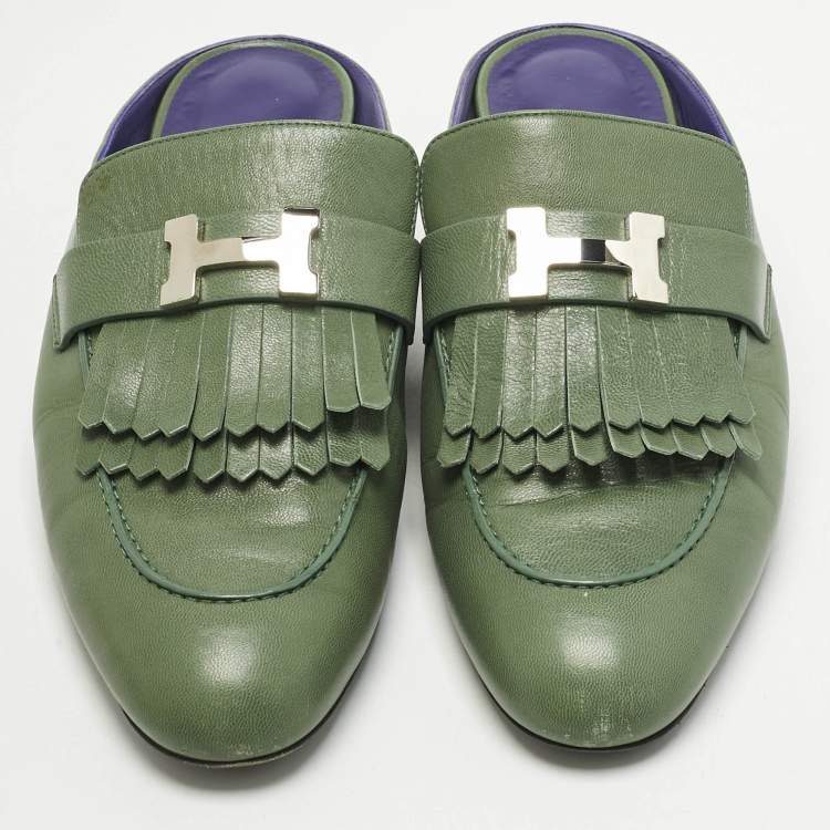 Pre Owned Hermes Green Leather Rivoli Mules Size 40