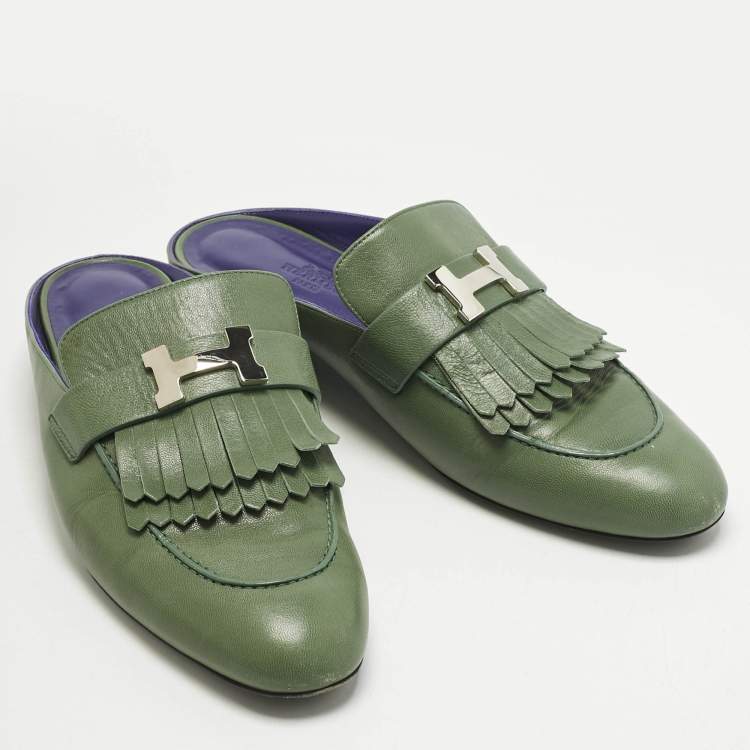 Pre Owned Hermes Green Leather Rivoli Mules Size 40