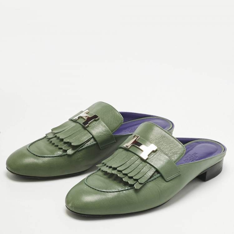 Pre Owned Hermes Green Leather Rivoli Mules Size 40