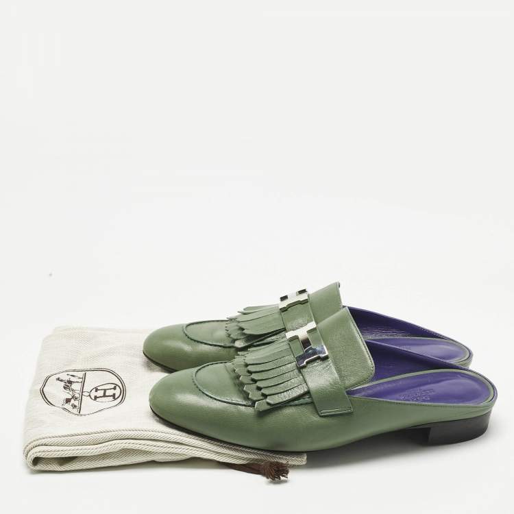 Pre Owned Hermes Green Leather Rivoli Mules Size 40