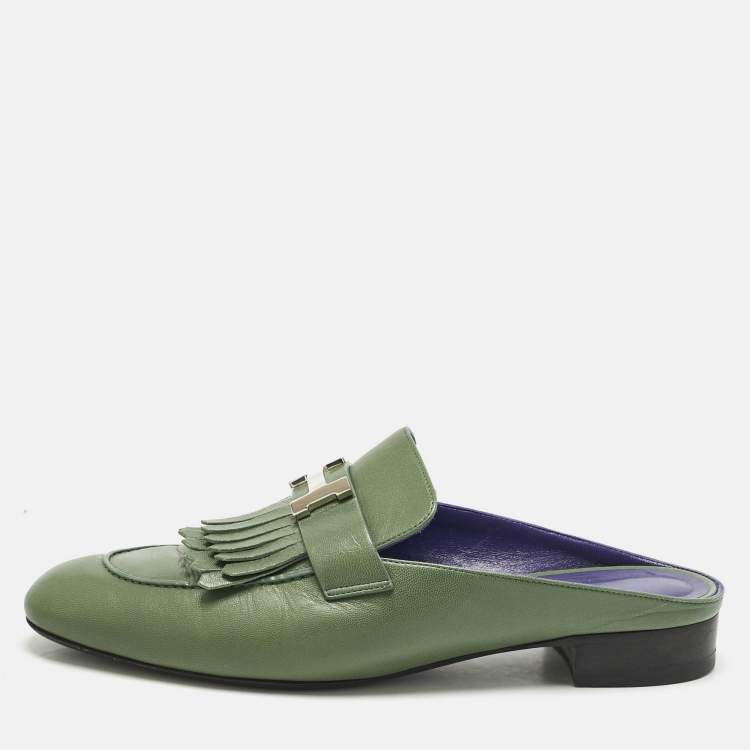 Pre Owned Hermes Green Leather Rivoli Mules Size 40