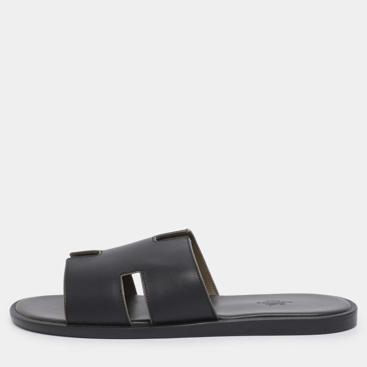 Pre Owned Hermés Black Leather Izmir Flat Slides Size 43