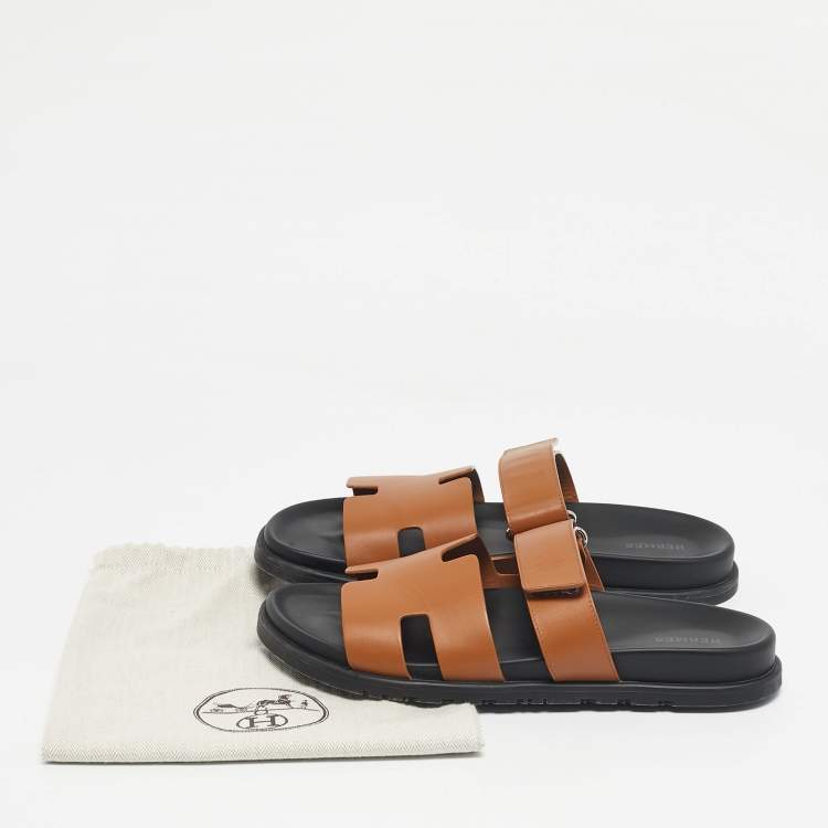Pre Owned Hermes Brown Leather Chypre Flat Slide Size 42