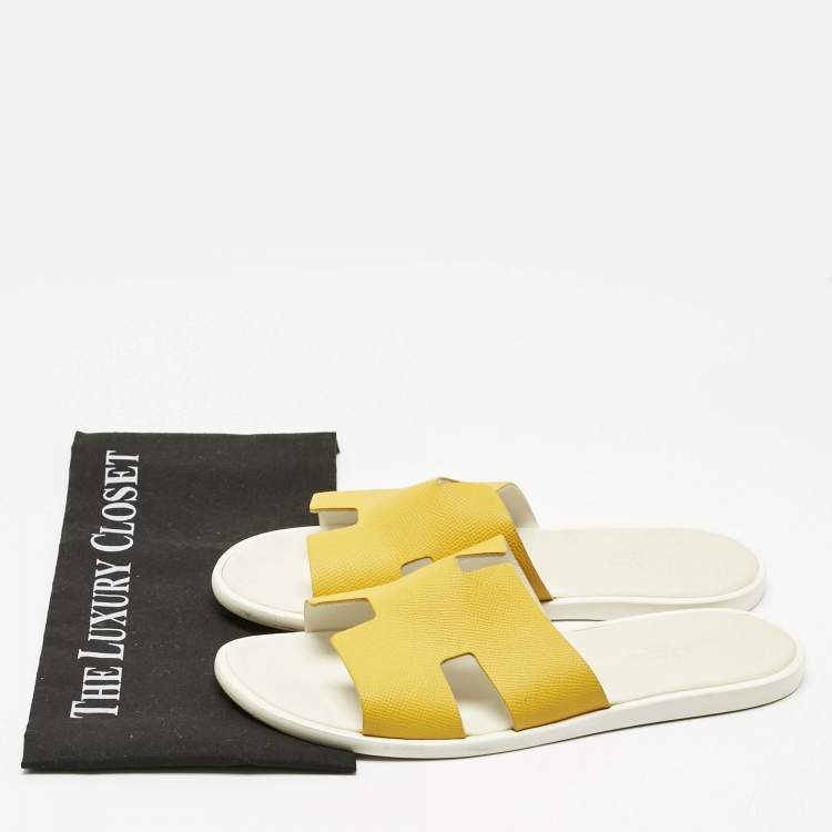 Pre Owned Hermes Yellow Leather Izmir Flat Slides Size 42