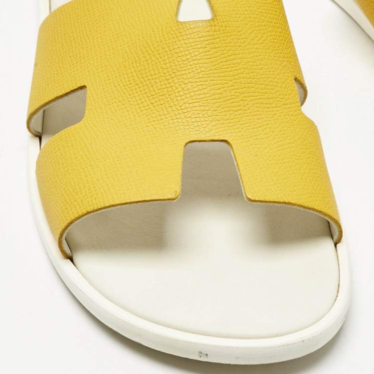 Pre Owned Hermes Yellow Leather Izmir Flat Slides Size 42