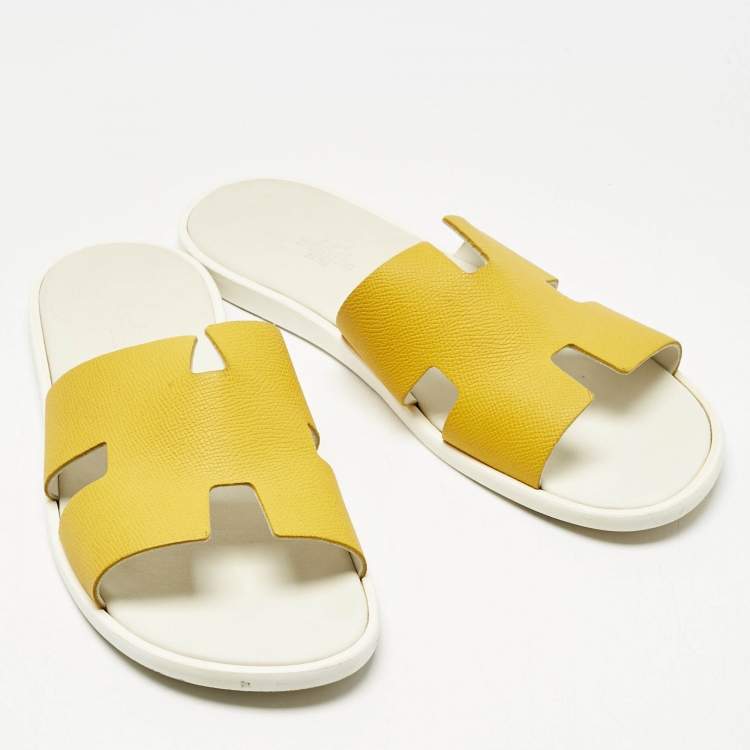 Pre Owned Hermes Yellow Leather Izmir Flat Slides Size 42