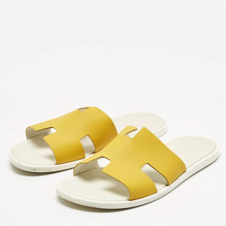 Pre Owned Hermes Yellow Leather Izmir Flat Slides Size 42