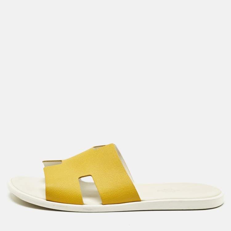 Pre Owned Hermes Yellow Leather Izmir Flat Slides Size 42