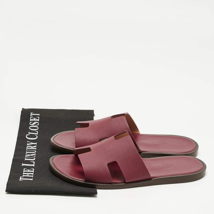 Pre Owned Hermes Burgundy Leather Izmir Flat Slides Size 41