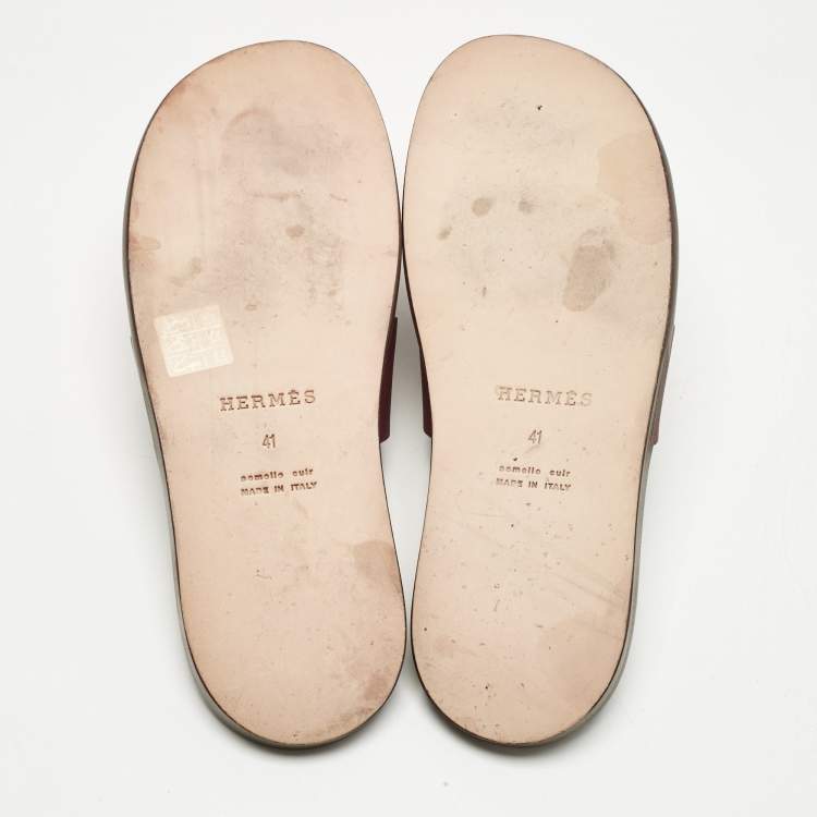 Pre Owned Hermes Burgundy Leather Izmir Flat Slides Size 41