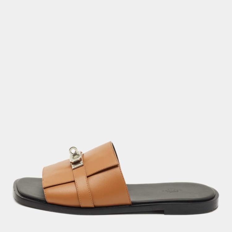 Pre Owned Hermes Brown Leather Gabriel Slide Sandals Size 43