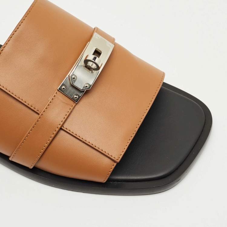 Pre Owned Hermes Brown Leather Gabriel Slide Sandals Size 43