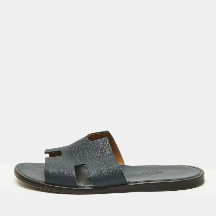 Pre Owned Hermes Navy Blue Leather Izmir Flat Slides Size 41