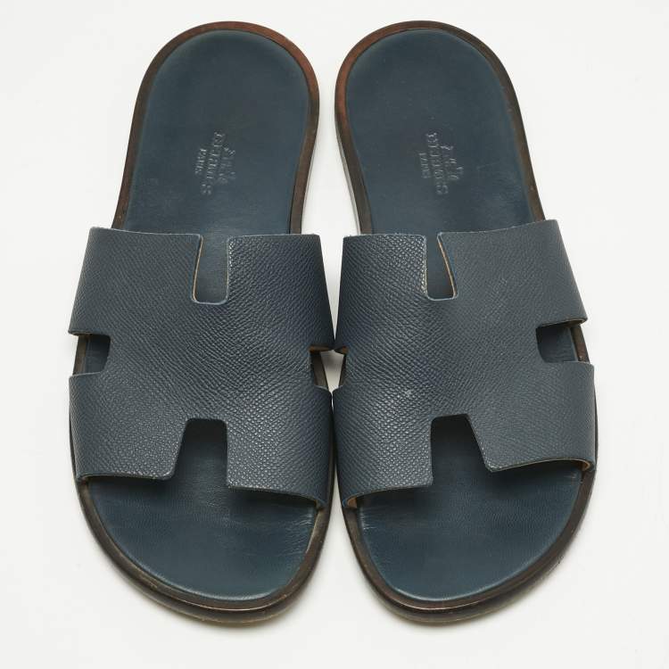 Pre Owned Hermes Navy Blue Leather Izmir Flat Slides Size 41