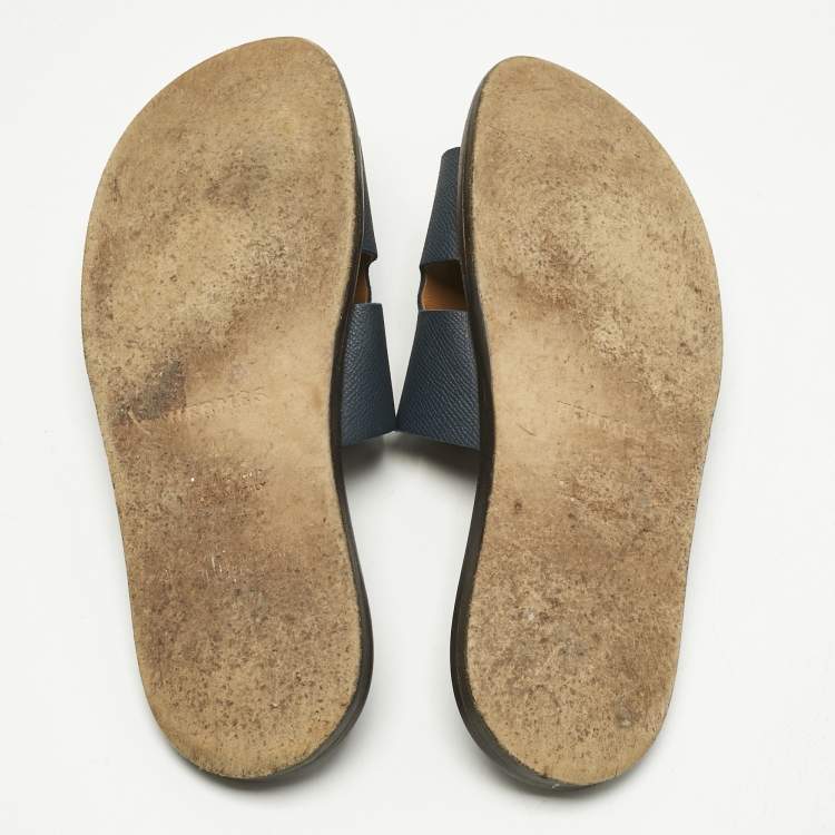 Pre Owned Hermes Navy Blue Leather Izmir Flat Slides Size 41