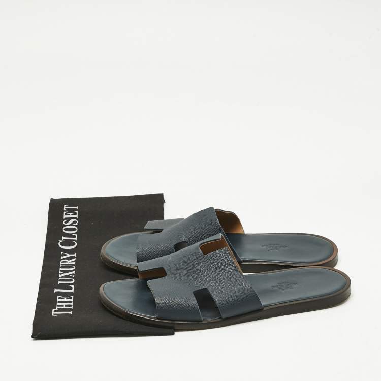 Pre Owned Hermes Navy Blue Leather Izmir Flat Slides Size 41
