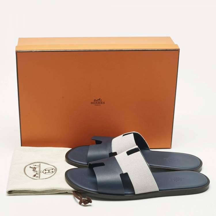 Pre Owned Hermes Navy Blue/White Leather and Canvas Izmir Flat Slides Size 44