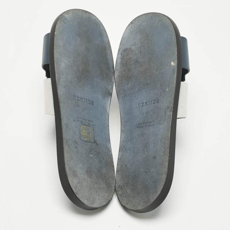 Pre Owned Hermes Navy Blue/White Leather and Canvas Izmir Flat Slides Size 44