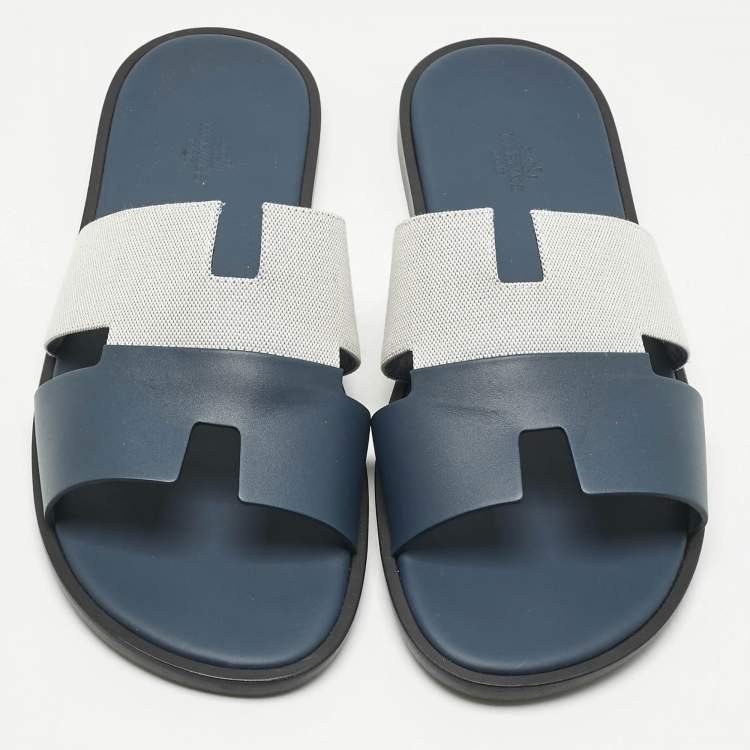 Pre Owned Hermes Navy Blue/White Leather and Canvas Izmir Flat Slides Size 44