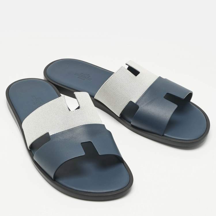 Pre Owned Hermes Navy Blue/White Leather and Canvas Izmir Flat Slides Size 44