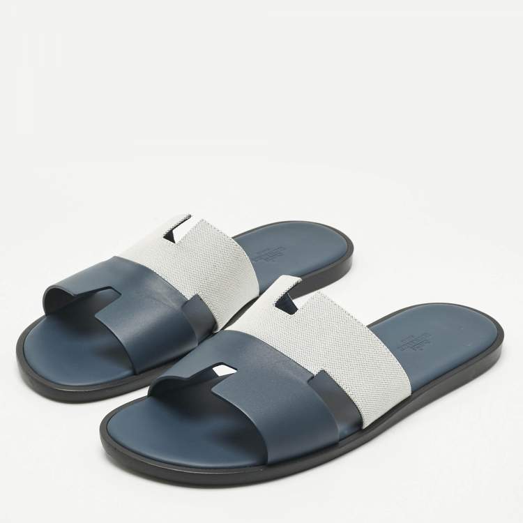 Pre Owned Hermes Navy Blue/White Leather and Canvas Izmir Flat Slides Size 44