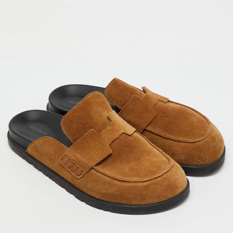 Pre Owned Hermes Brown Suede Go Mules Size 42.5