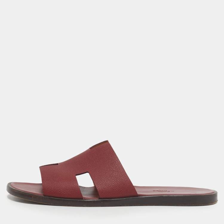 Pre Owned Hermes Burgundy Leather Izmir Flat Slides Size 43