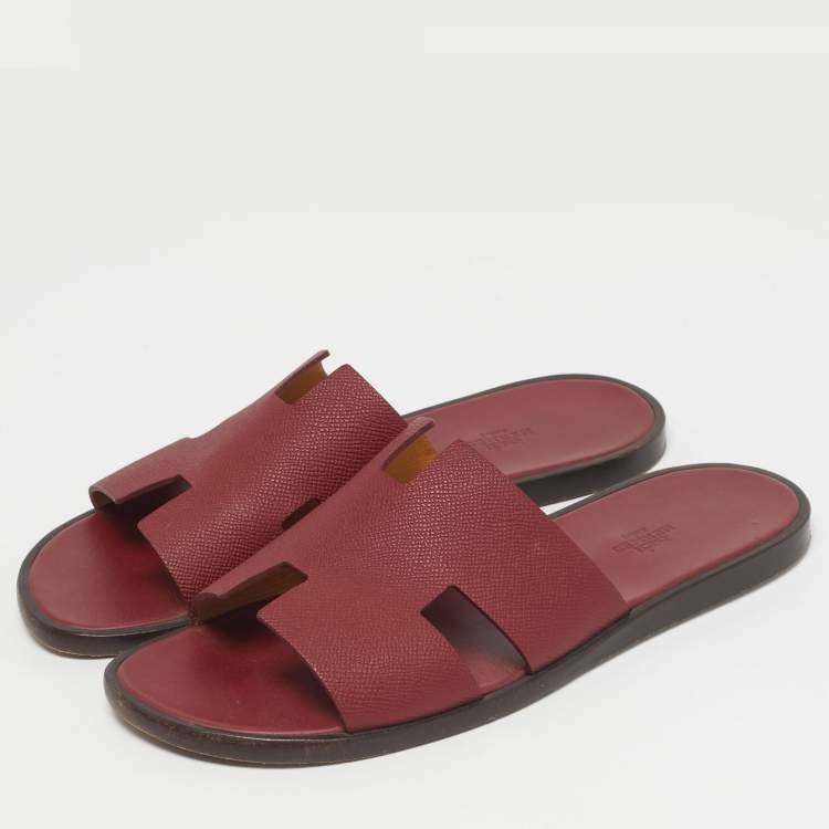 Pre Owned Hermes Burgundy Leather Izmir Flat Slides Size 43