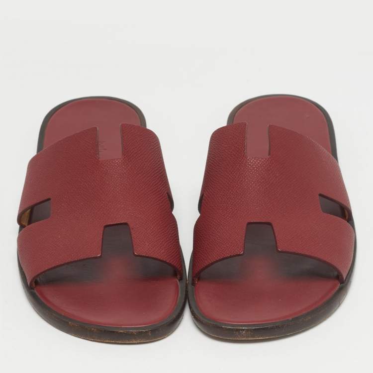 Pre Owned Hermes Burgundy Leather Izmir Flat Slides Size 43