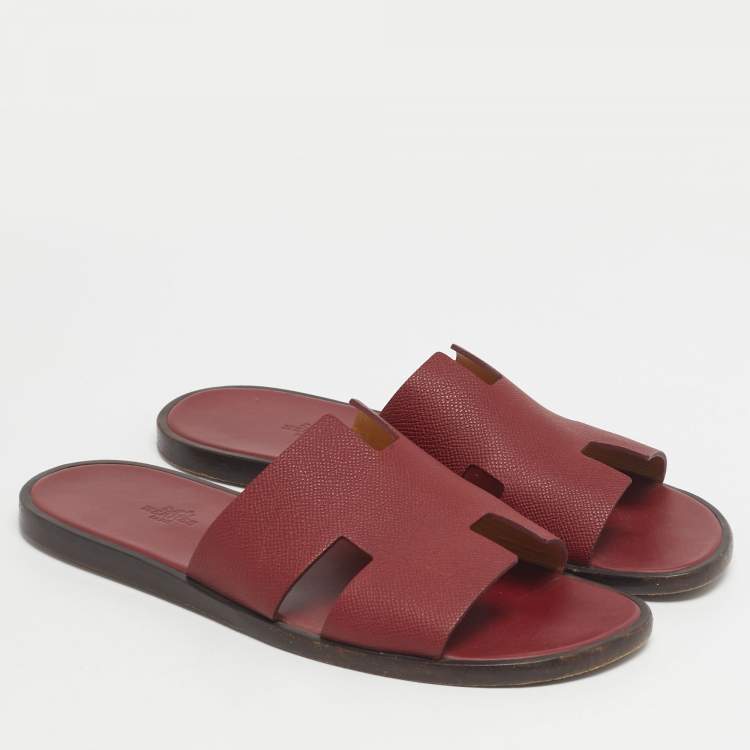 Pre Owned Hermes Burgundy Leather Izmir Flat Slides Size 43