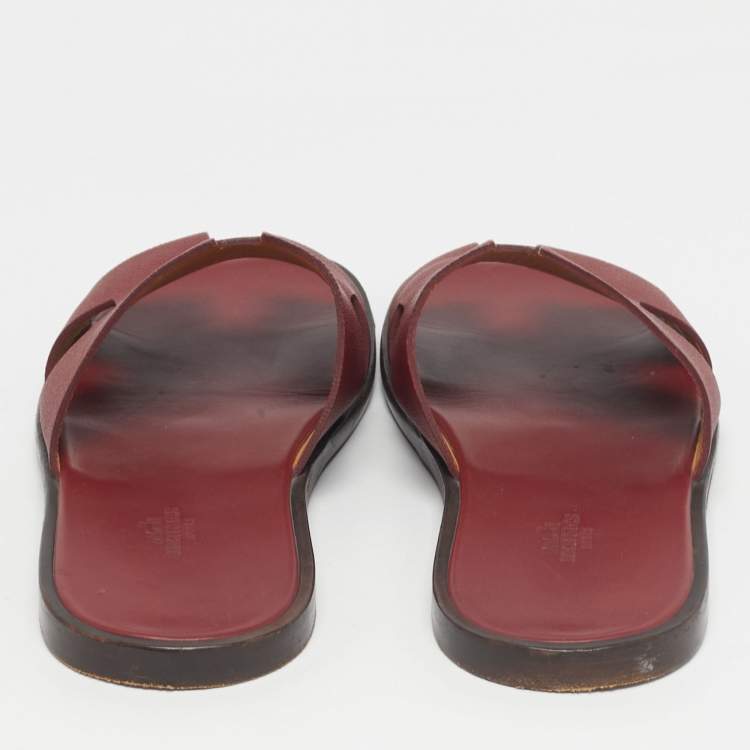 Pre Owned Hermes Burgundy Leather Izmir Flat Slides Size 43