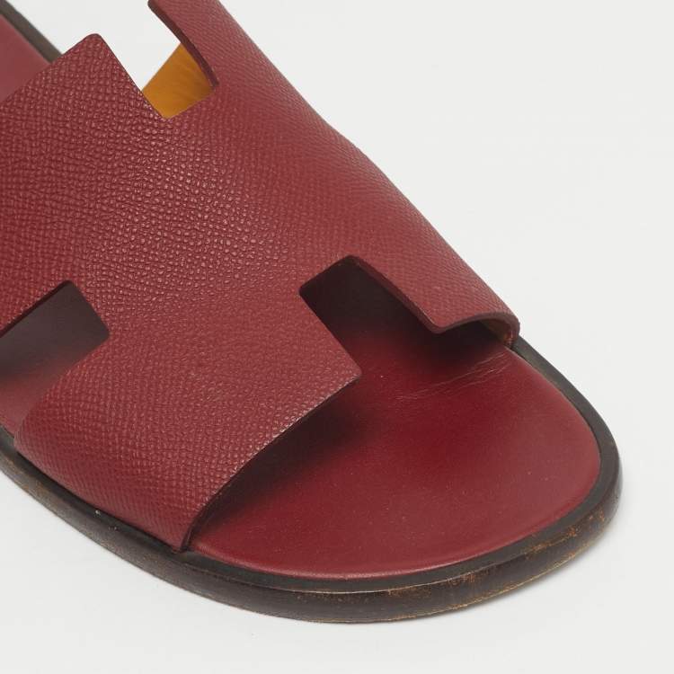 Pre Owned Hermes Burgundy Leather Izmir Flat Slides Size 43