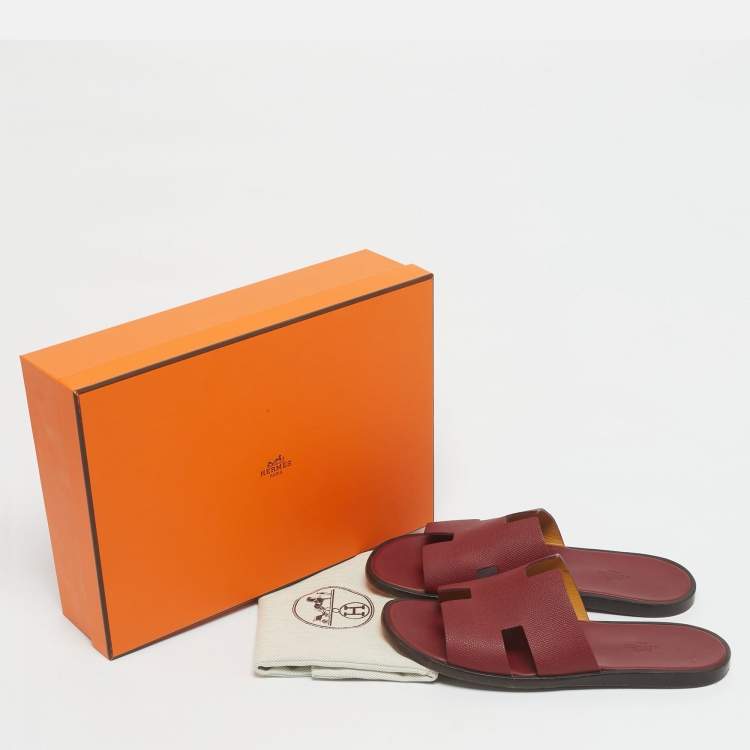 Pre Owned Hermes Burgundy Leather Izmir Flat Slides Size 43