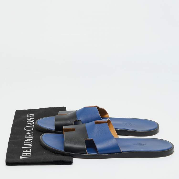 Pre Owned Hermès Black/Blue Leather Izmir Flat Sandals Size 45