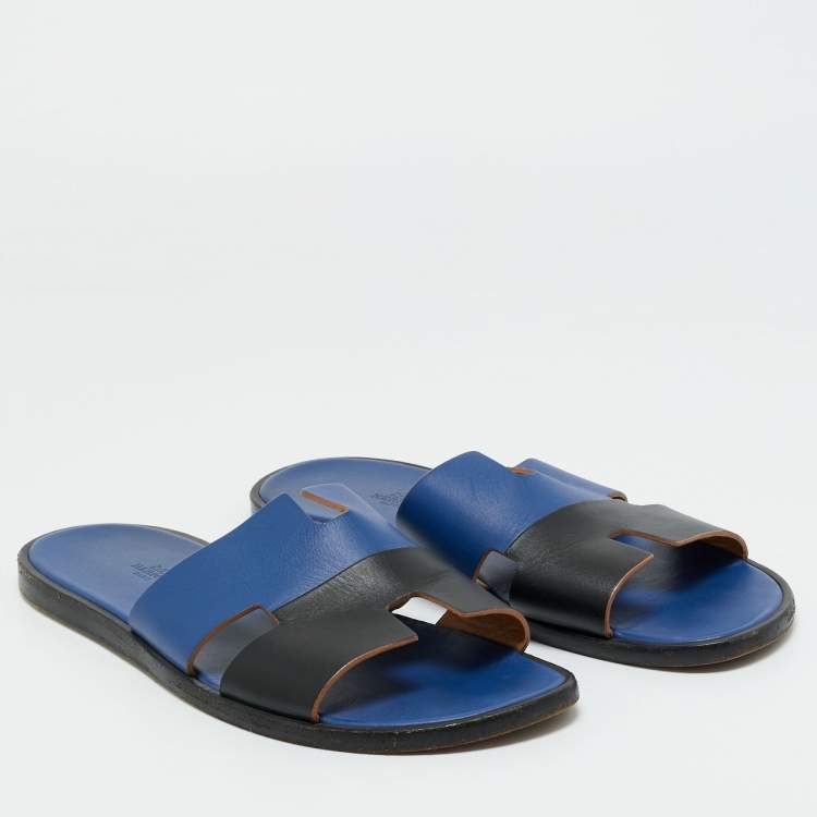 Pre Owned Hermès Black/Blue Leather Izmir Flat Sandals Size 45