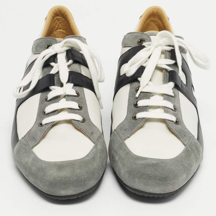 Pre Owned Hermes Grey/White Leather and Suede Tie Break Lace Up Sneakers Size 45.5